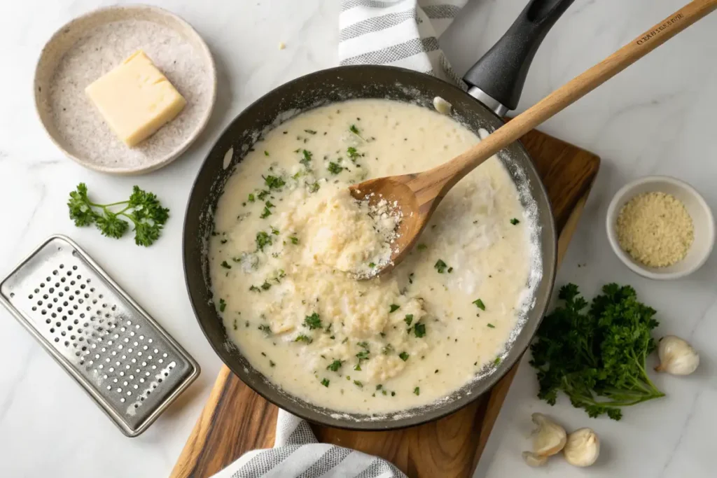 A skillet of creamy garlic parmesan sauce being stirred with a wooden spoon.