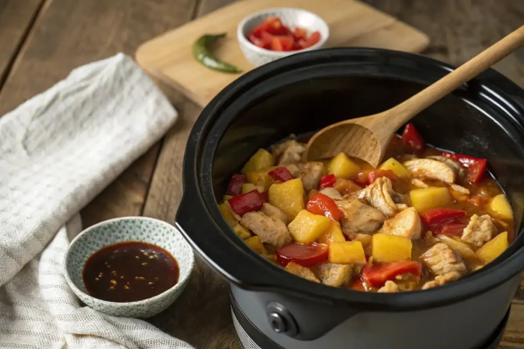 Sweet Hawaiian Crockpot Chicken cooking in a slow cooker, filled with chicken, pineapple, and bell peppers in a rich, glossy sauce