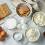 Ingredients for Philadelphia cheesecake bars, including cream cheese, graham crackers, sugar, eggs, and vanilla.