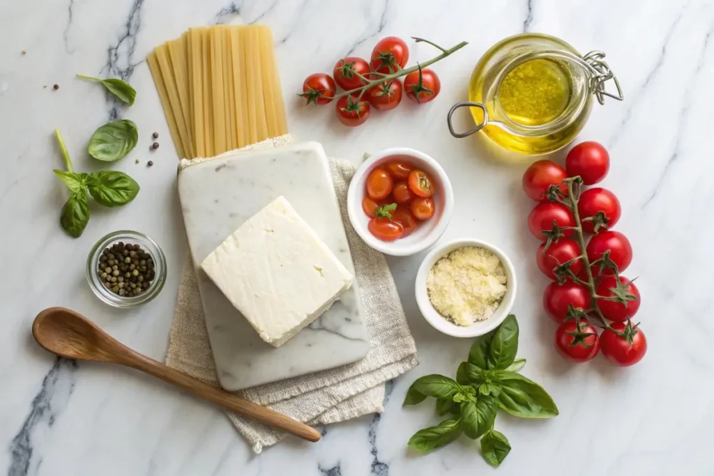 Fresh ingredients for baked feta pasta, including feta cheese, cherry tomatoes, pasta, and olive oil