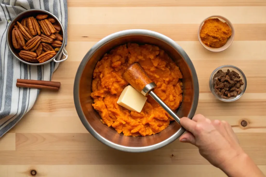 Sweet potatoes mashed with butter and brown sugar in a large mixing bowl