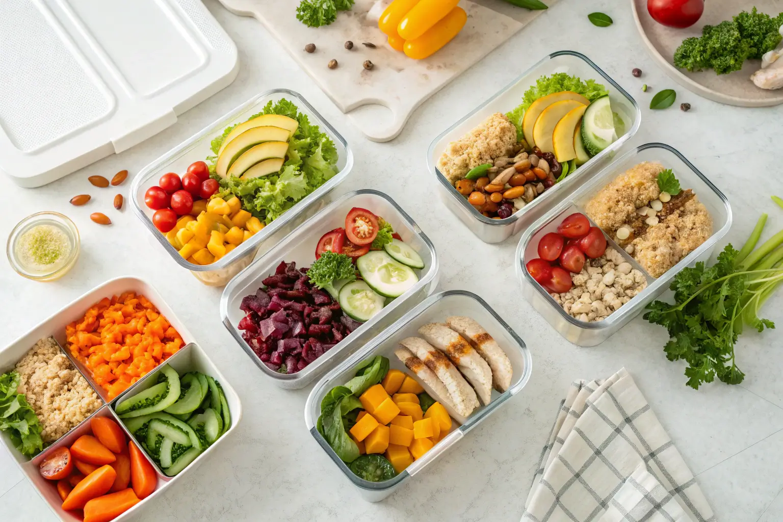 Overhead view of colorful gluten-free meal prep containers with vegetables and proteins on a bright countertop.