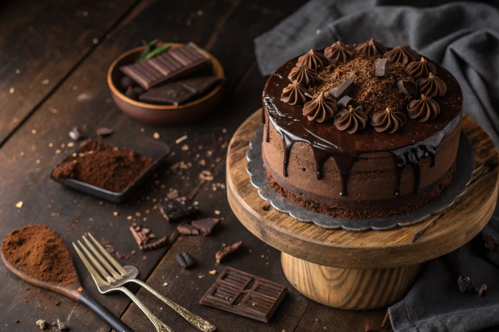 Featured image of a chocolate layer cake with ganache frosting, perfect for National Chocolate Cake Day celebrations