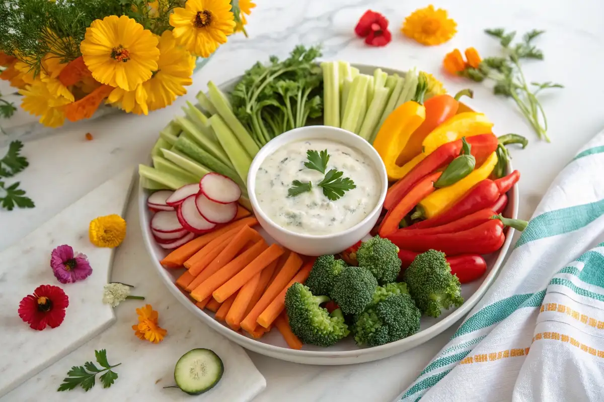 Overhead view of a vibrant veggie tray with fresh vegetables and a ranch dip in the center