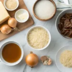 Ingredients for French onion soup rice on a marble countertop