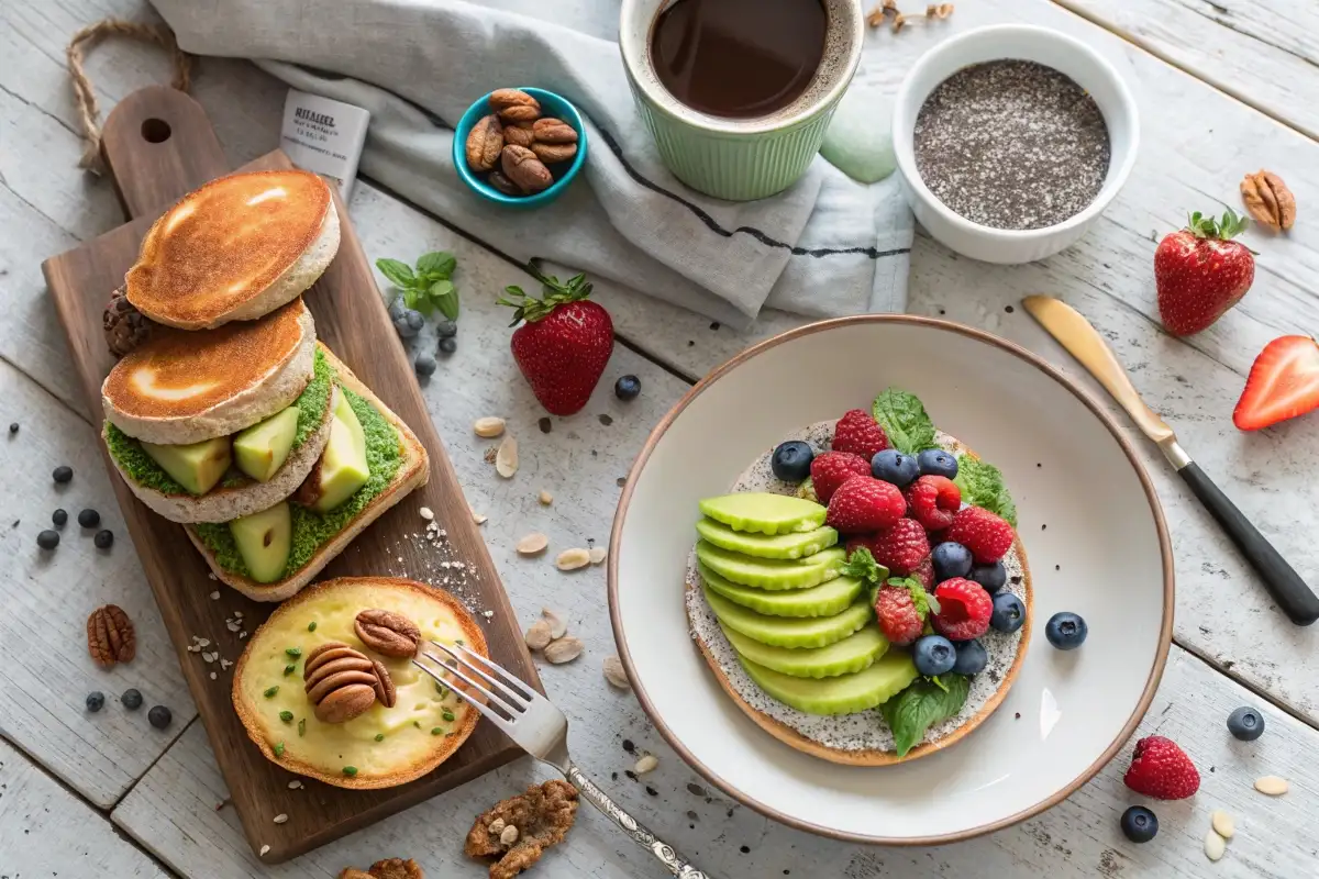 Gluten-free breakfast spread with avocado toast, almond flour pancakes, and chia pudding