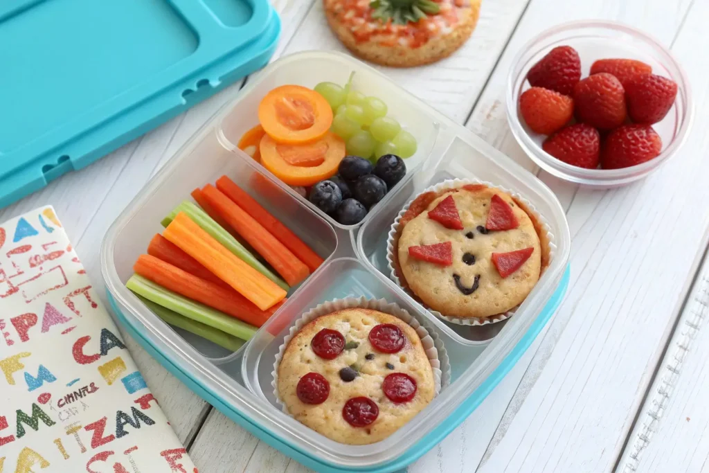 This bento-style gluten-free lunchbox includes mini pizzas, veggie sticks, fresh fruit, and a small treat for a fun and balanced meal.