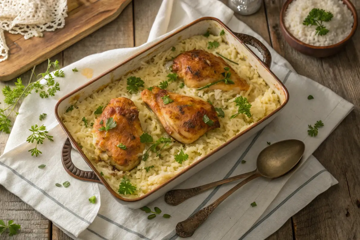 Overhead view of a golden forgotten chicken casserole, showcasing creamy rice and tender chicken in a rustic dish