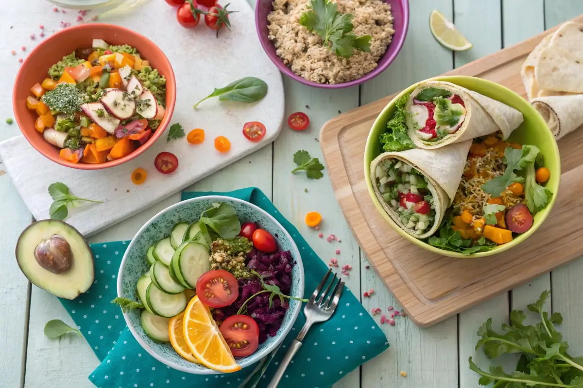 A vibrant spread of healthy gluten-free lunch recipes featuring bowls, salads, and wraps