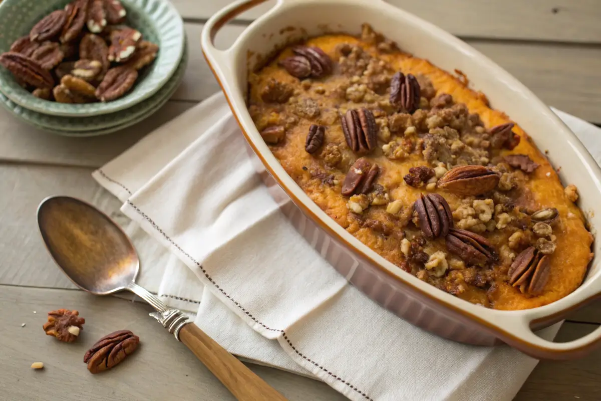 Overhead view of a baked casserole topped with golden pecans on a rustic wooden table