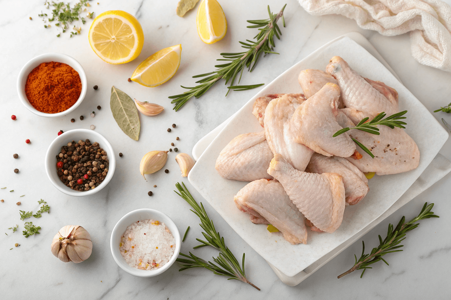 Fresh uncooked chicken wings on a marble surface with spices and herbs