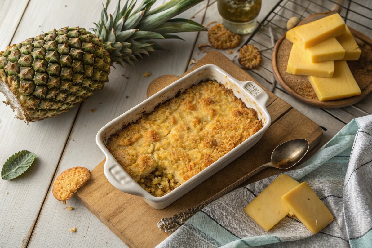 Freshly baked pineapple casserole with golden Ritz cracker topping, served in a rustic baking dish