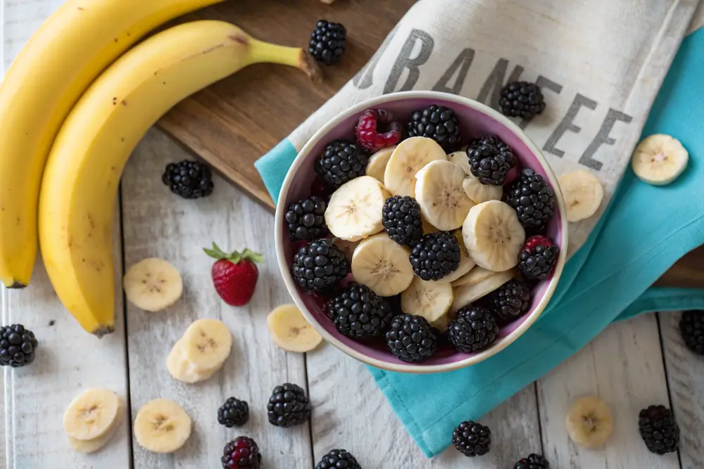 A vibrant bowl of ripe bananas and fresh blackberries on a rustic wooden table