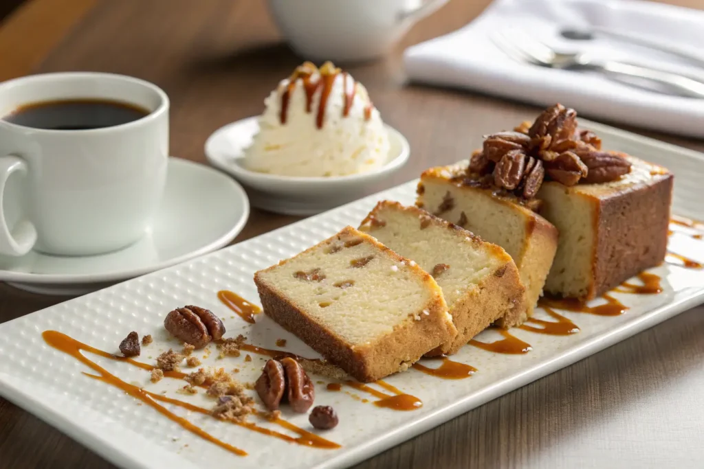 Cake slices topped with caramel and pecans, served alongside a steaming cup of coffee.