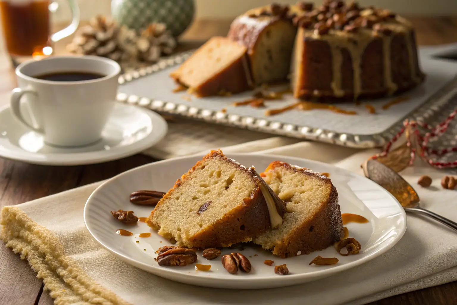 Butter pecan pound cake drizzled with caramel glaze and garnished with toasted pecans