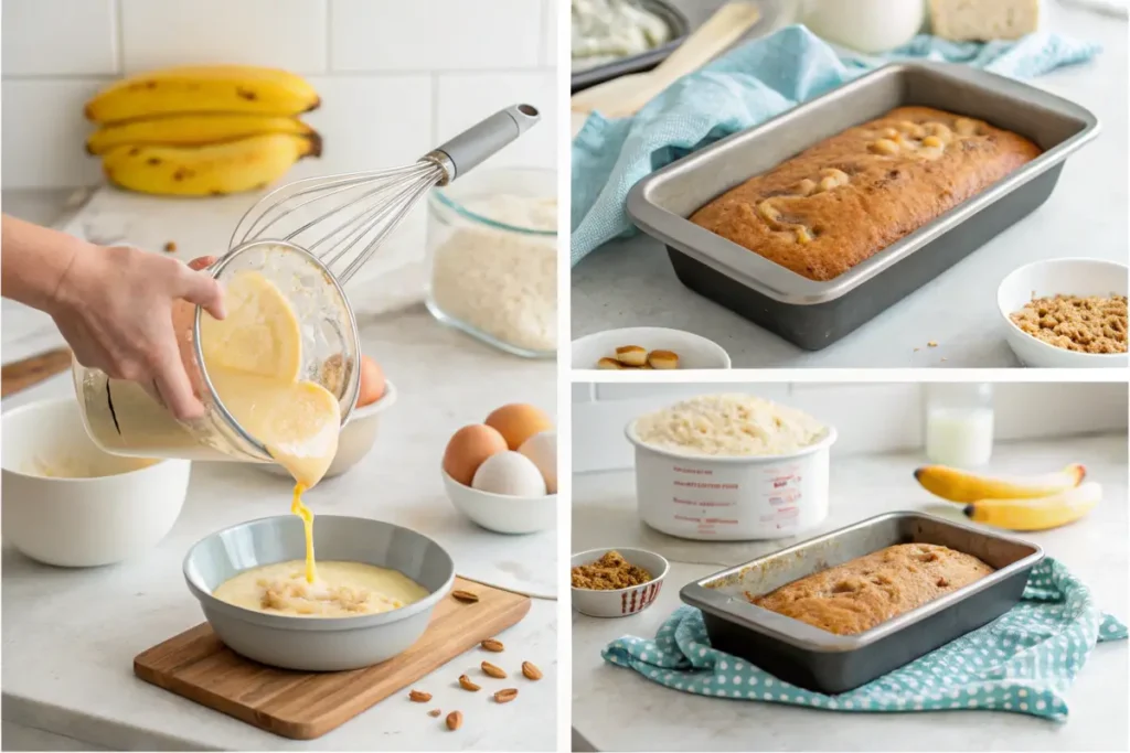 Step-by-step preparation of banana bread: mashing bananas, mixing batter, and pouring into a loaf pan