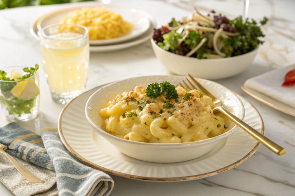 Plated three cheese macaroni with a golden fork and garnished with parsley