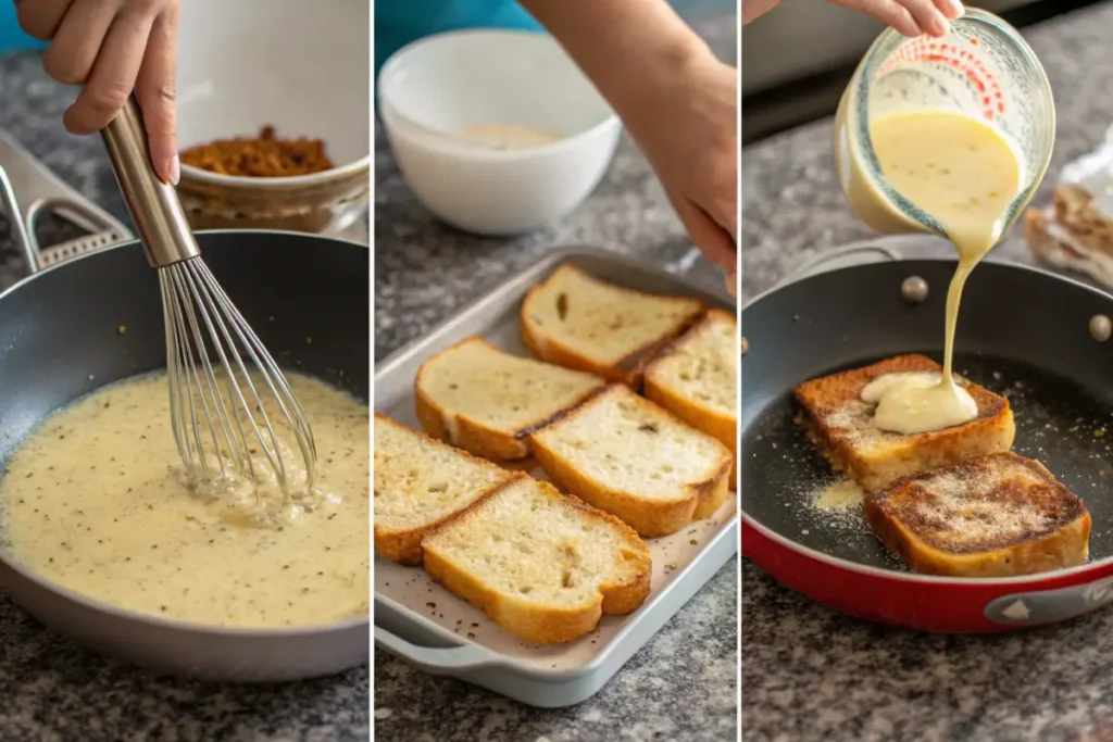 Collage showing step-by-step preparation of McCormick French Toast, including mixing custard, soaking bread, and frying
