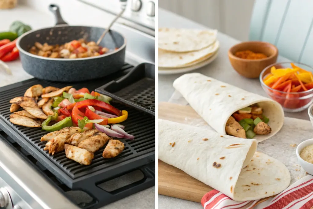 Overhead shot of neatly arranged ingredients for a chicken burrito, highlighting their fresh and healthy appeal.