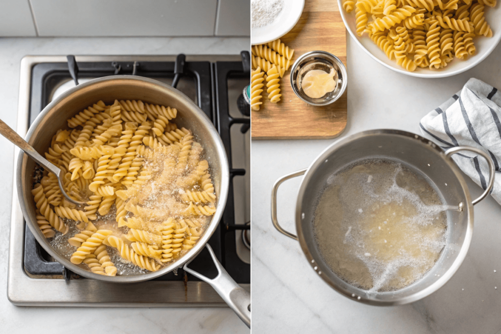 Collage showing the process of cooking and preparing pasta for a chicken Caesar salad with pasta