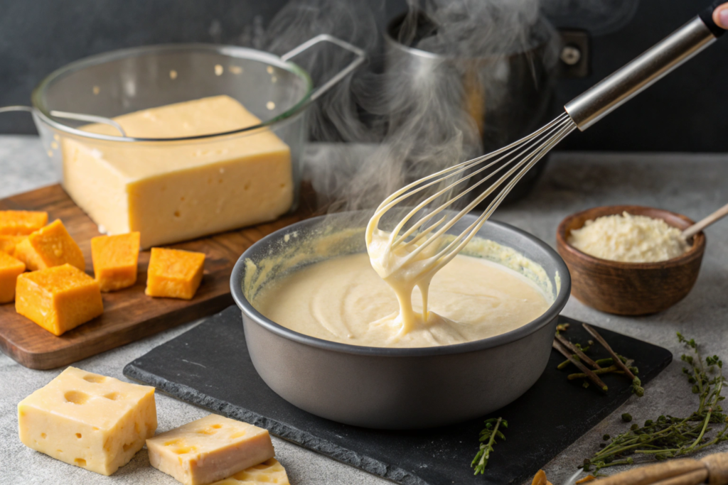 Whisk stirring creamy three-cheese sauce in a saucepan