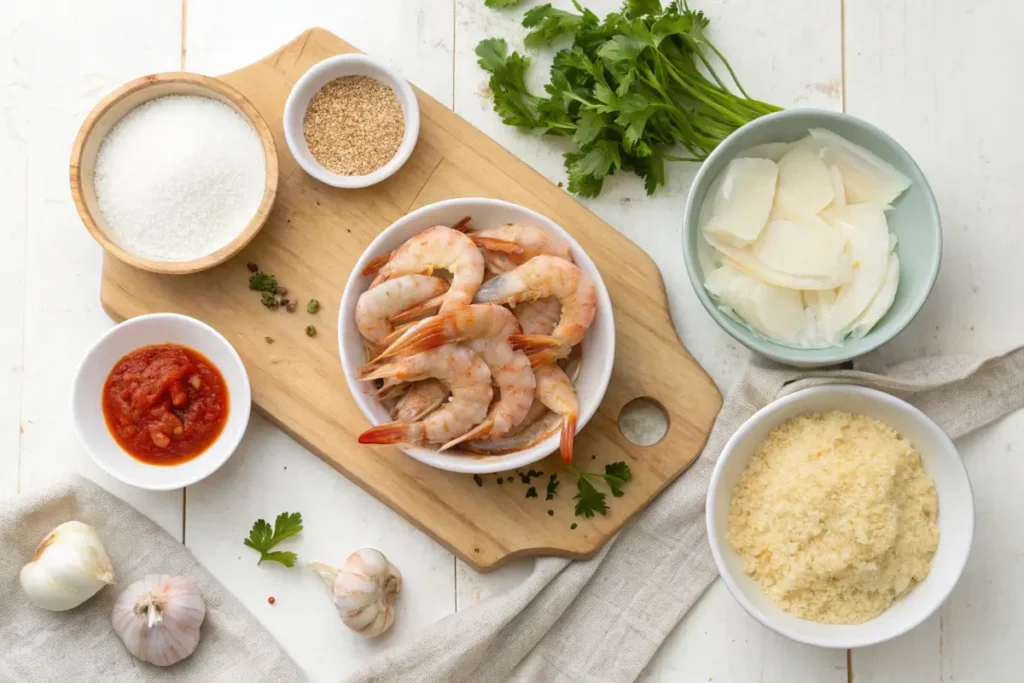 Flat lay of fresh shrimp, breadcrumbs, garlic, chili sauce, and other boom boom shrimp ingredients