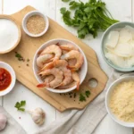 Flat lay of fresh shrimp, breadcrumbs, garlic, chili sauce, and other boom boom shrimp ingredients