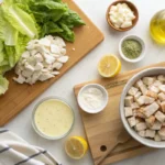 Ingredients for creamy Caesar diced chicken, including diced chicken, lettuce, garlic, lemon, Parmesan, and Caesar dressing