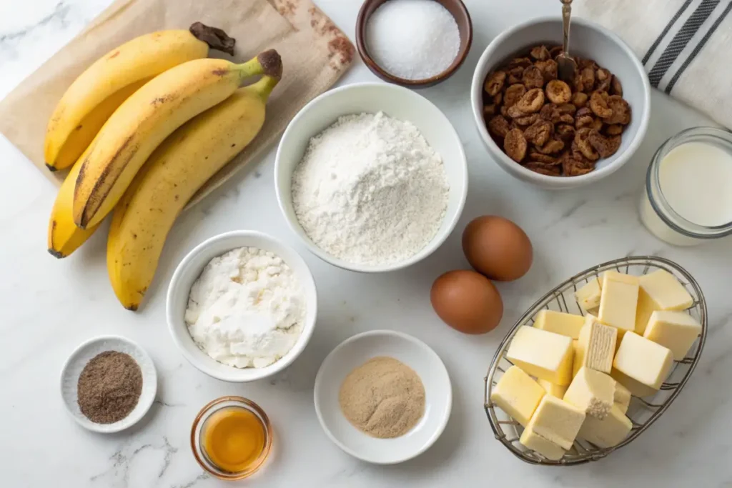 Neatly arranged banana bread ingredients: ripe bananas, flour, sugar, eggs, butter, and vanilla extract on a marble surface