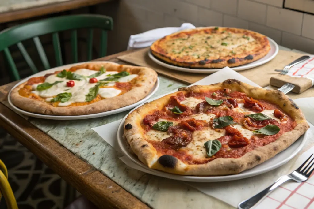 Neapolitan, Roman, and Sicilian pizzas arranged side-by-side to show Italian regional styles.