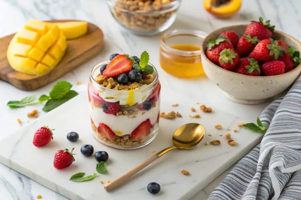 A fruit parfait with layers of Greek yogurt, granola, and fresh berries in a glass jar