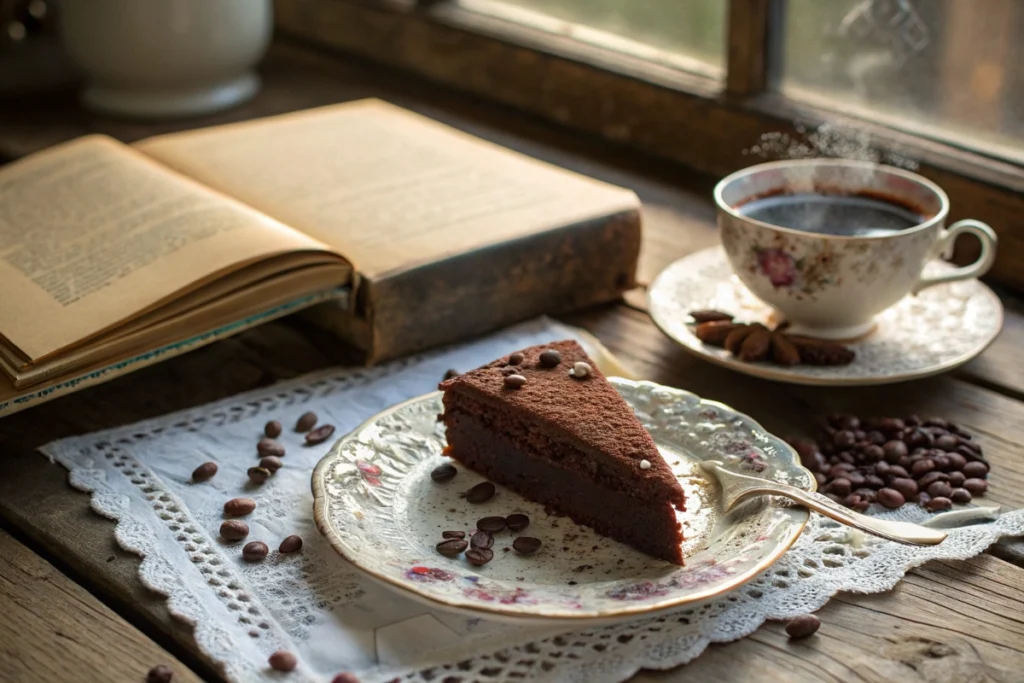 Vintage chocolate cake slice with a historical theme for National Chocolate Cake Day