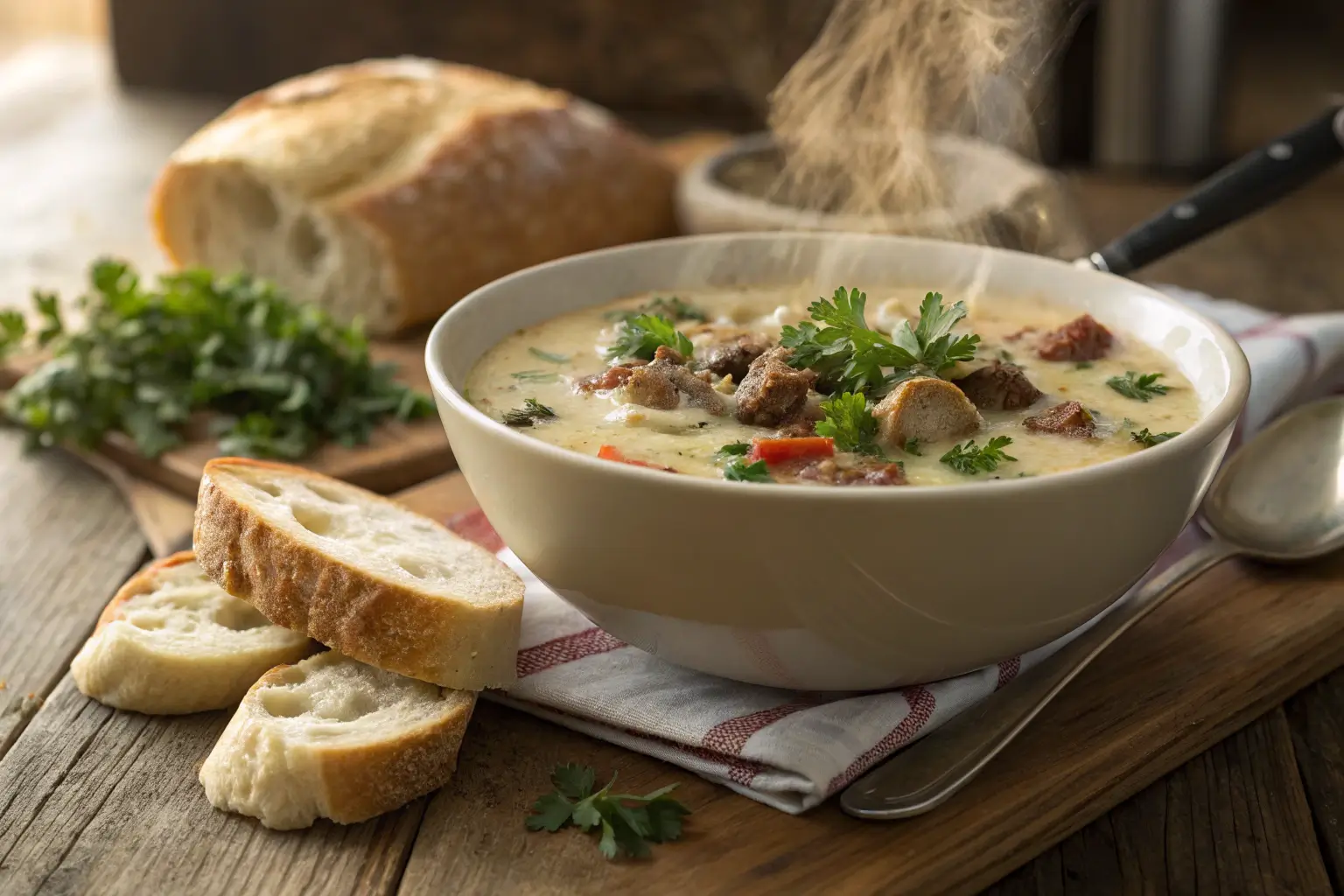 Creamy parmesan Italian sausage soup in a bowl with crusty bread on a rustic wooden table.