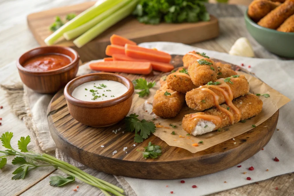 Mozzarella sticks drizzled with buffalo sauce, served with ranch, buffalo sauce, and celery sticks on the side