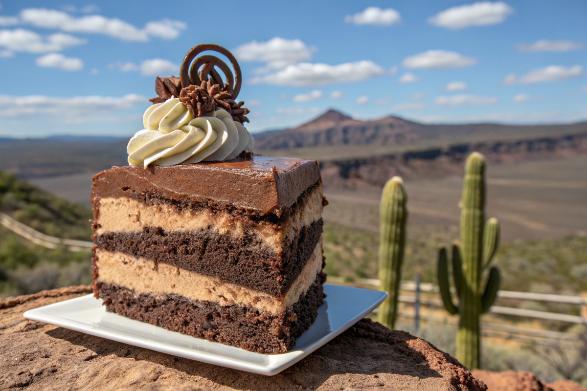 A slice of decadent chocolate cake with creamy frosting and chocolate garnish, set against a stunning desert landscape with cacti and mountains in the background