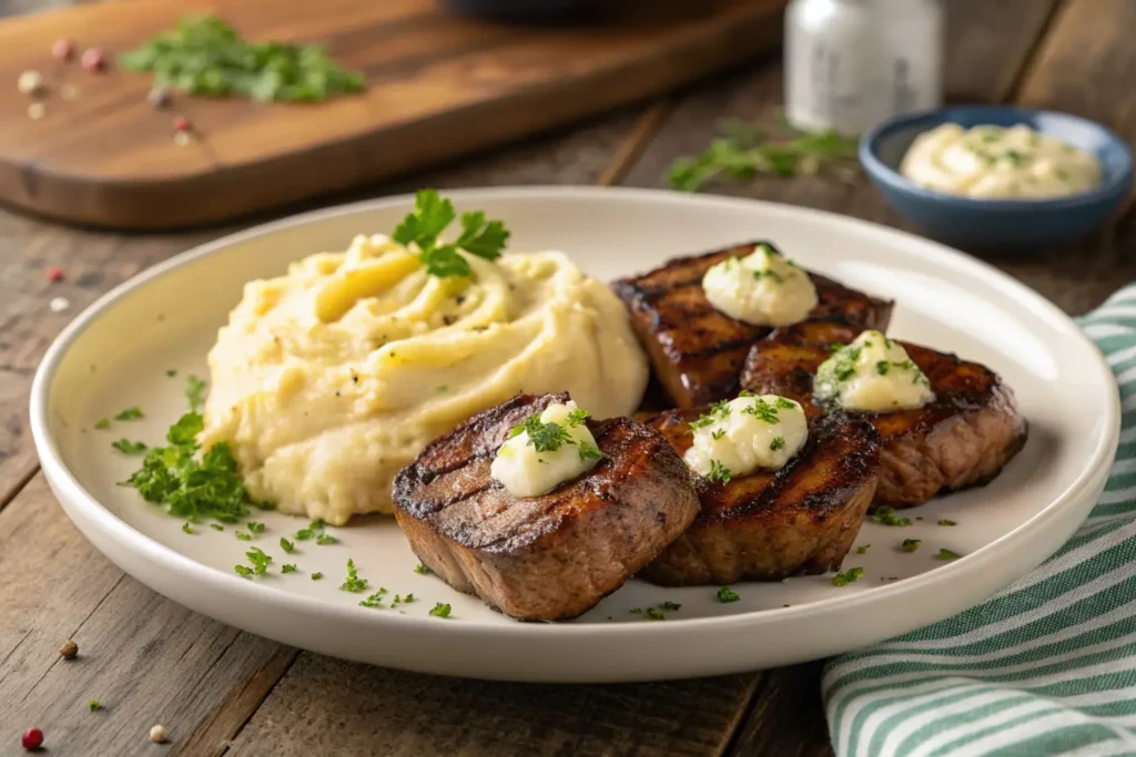 A hearty dinner plate with steak bites and mashed potatoes