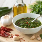 Close-up of homemade chimichurri sauce with fresh parsley and garlic.