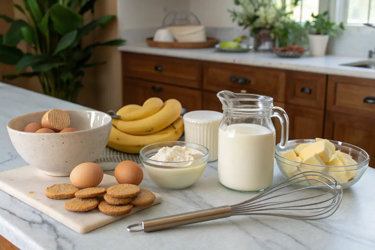 Ingredients for making Banana Cream Pudding, including fresh bananas, vanilla custard, vanilla wafers, and milk, displayed on a kitchen counter