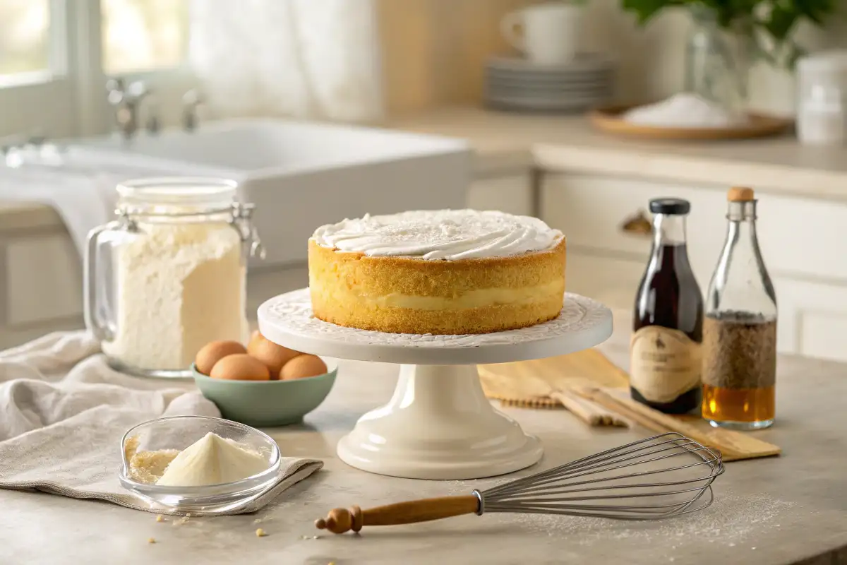 A freshly baked vanilla cake on a cake stand, surrounded by baking essentials in a cozy kitchen setting