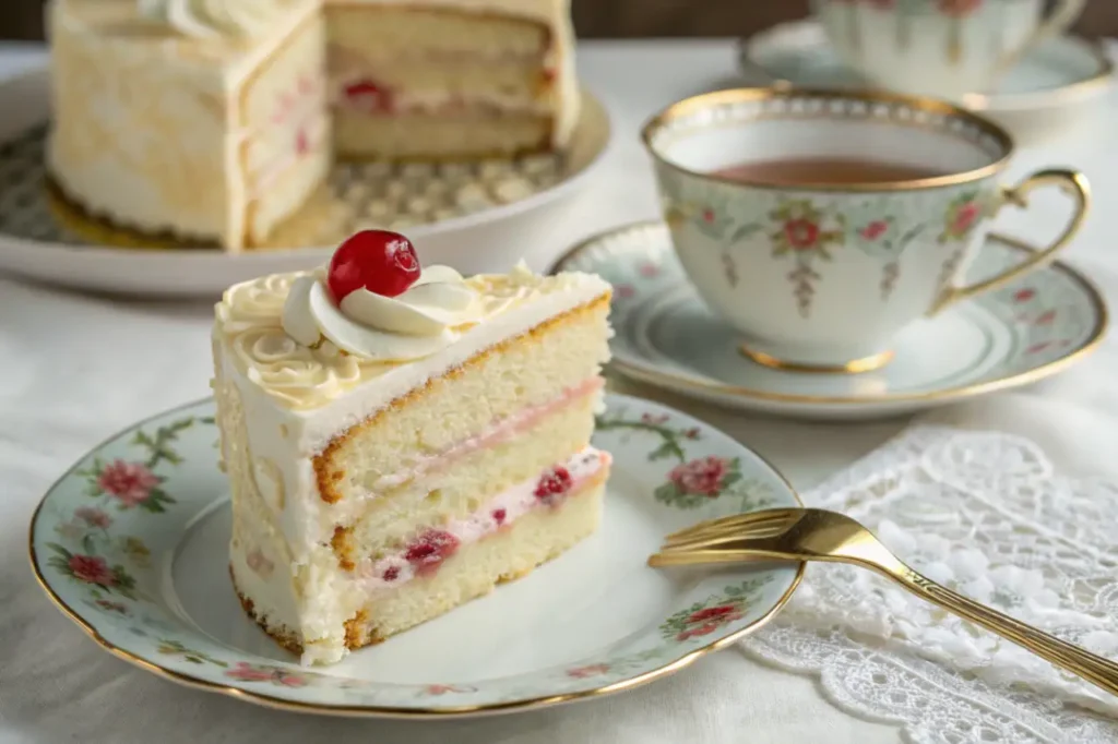A perfect slice of Vintage Heart Cake with soft cake layers and creamy buttercream, garnished with a cherry on top