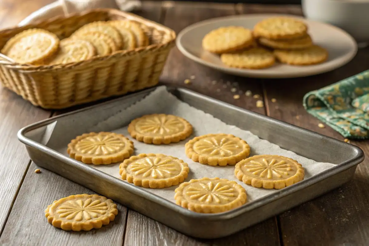 Golden homemade wafer cookies arranged on a rustic wooden table, showcasing their crisp texture and delicate floral patterns