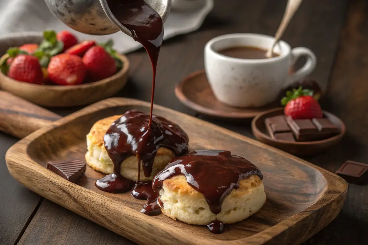 A plate of warm buttermilk biscuits topped with rich, velvety chocolate gravy, served on a rustic wooden table