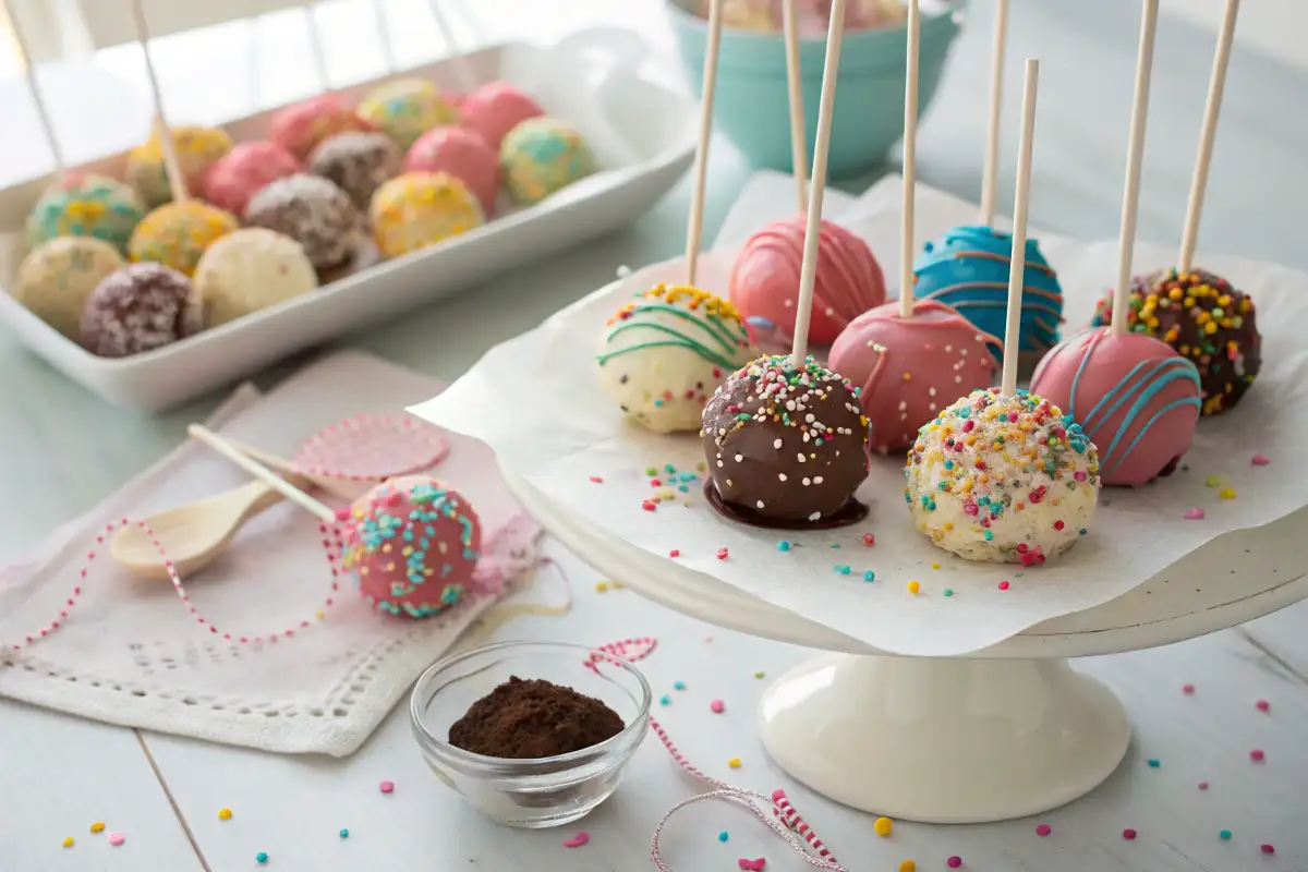 A collage of three step-by-step images showing Cake Pops being made, from crumbling the cake to dipping in chocolate