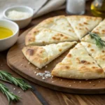 Freshly baked cottage cheese flatbread sliced and served on a rustic wooden board with olive oil and rosemary