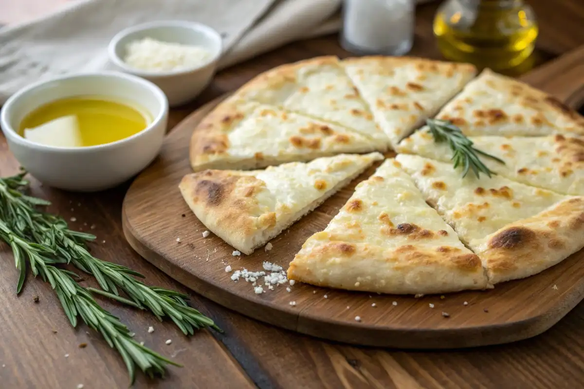 Freshly baked cottage cheese flatbread sliced and served on a rustic wooden board with olive oil and rosemary