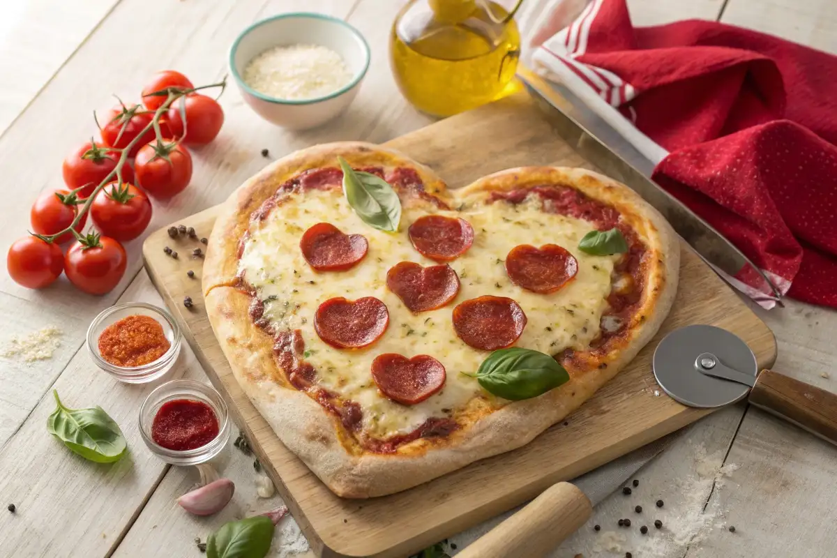 Heart-shaped pizza with melted cheese, pepperoni, and basil on a wooden board, surrounded by fresh ingredients.