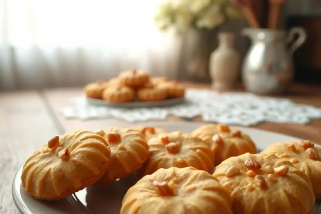Freshly baked pignoli cookies with golden pine nuts on top, arranged on a plate in a cozy home setting