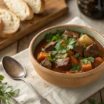 Hearty homemade beef stew in a rustic ceramic bowl, garnished with parsley, served with bread on a wooden table