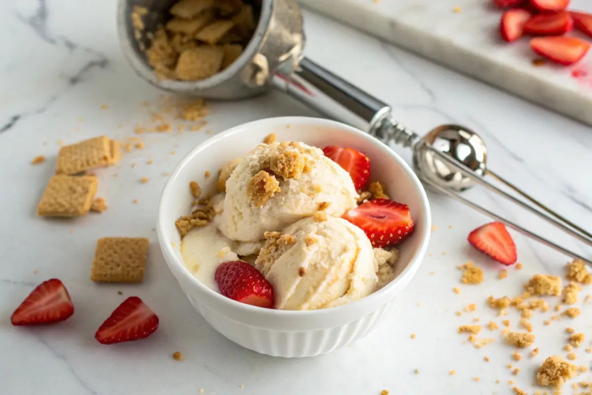 A bowl of homemade cheesecake ice cream with crushed graham crackers and fresh strawberries on top, placed on a marble counter