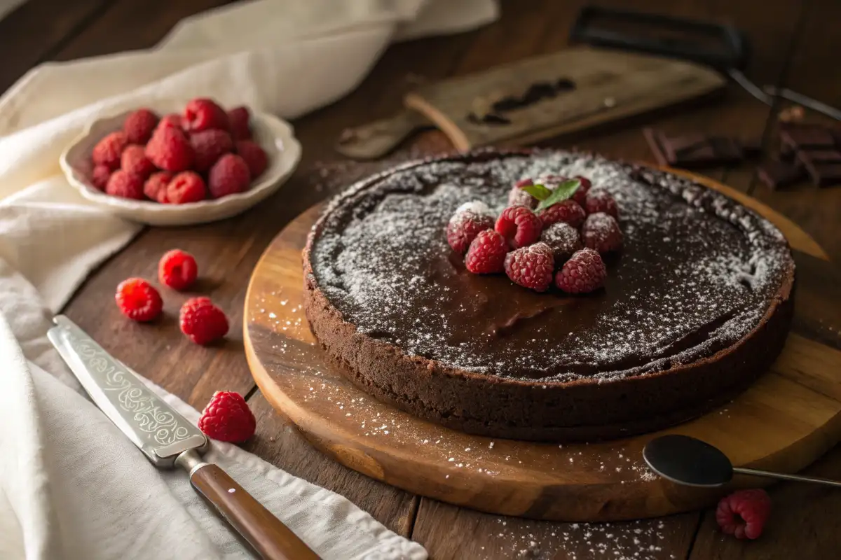 Decadent flourless chocolate cake with glossy ganache and raspberries on a rustic wooden table